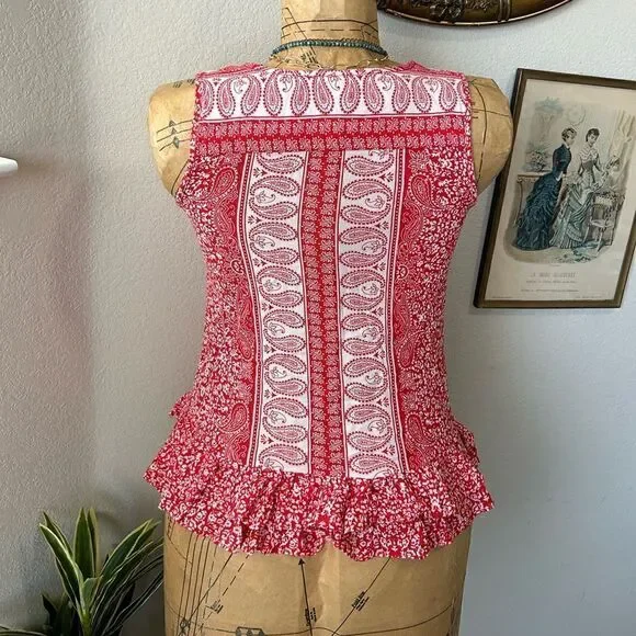 Ava Christine Red White Paisley Floral Ruffle Hem Sleeveless Blouse sz XS - Picture 8 of 9